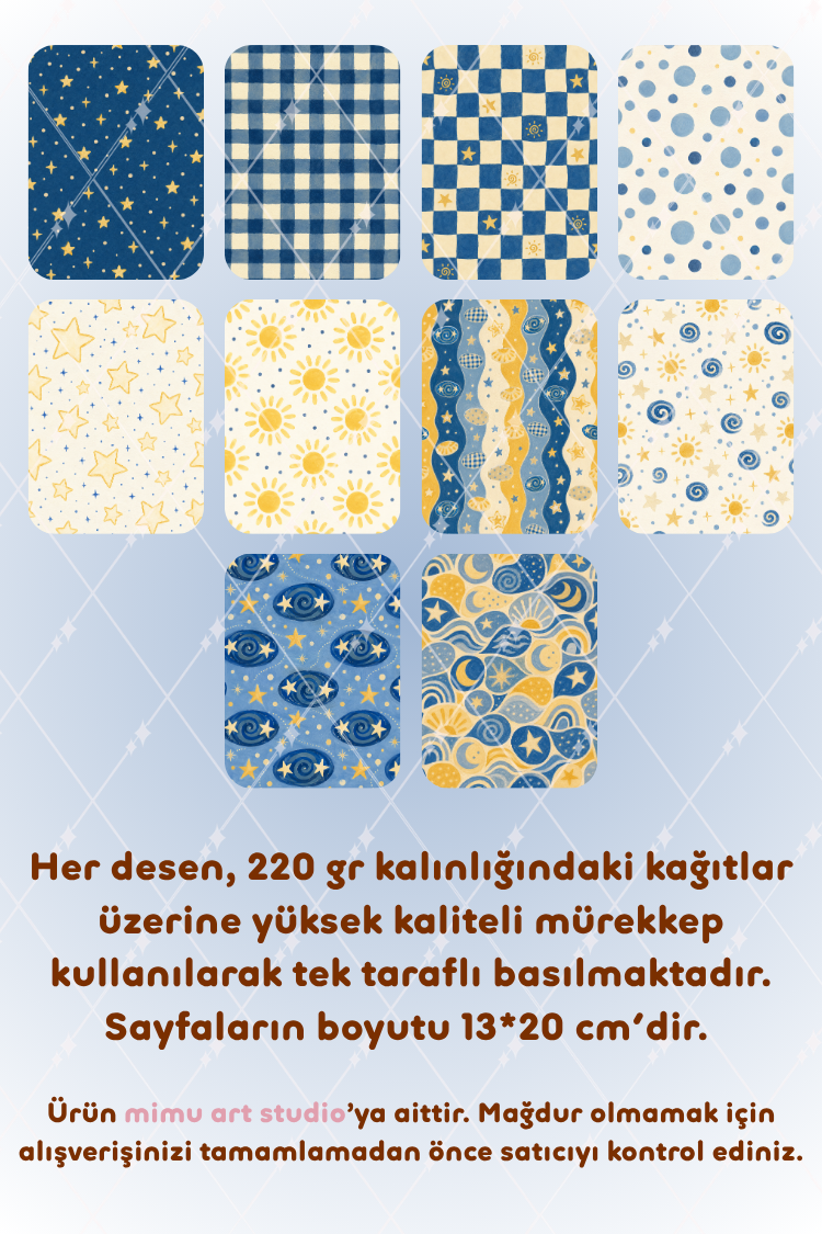 Galaksi Güneş Ay Yıldız Ekose Desenli Kağıt Seti Scrapbook Kağıdı (220 gr) Ajanda Günlük Kolaj Junk Journal Bullet Journal Kağıtları