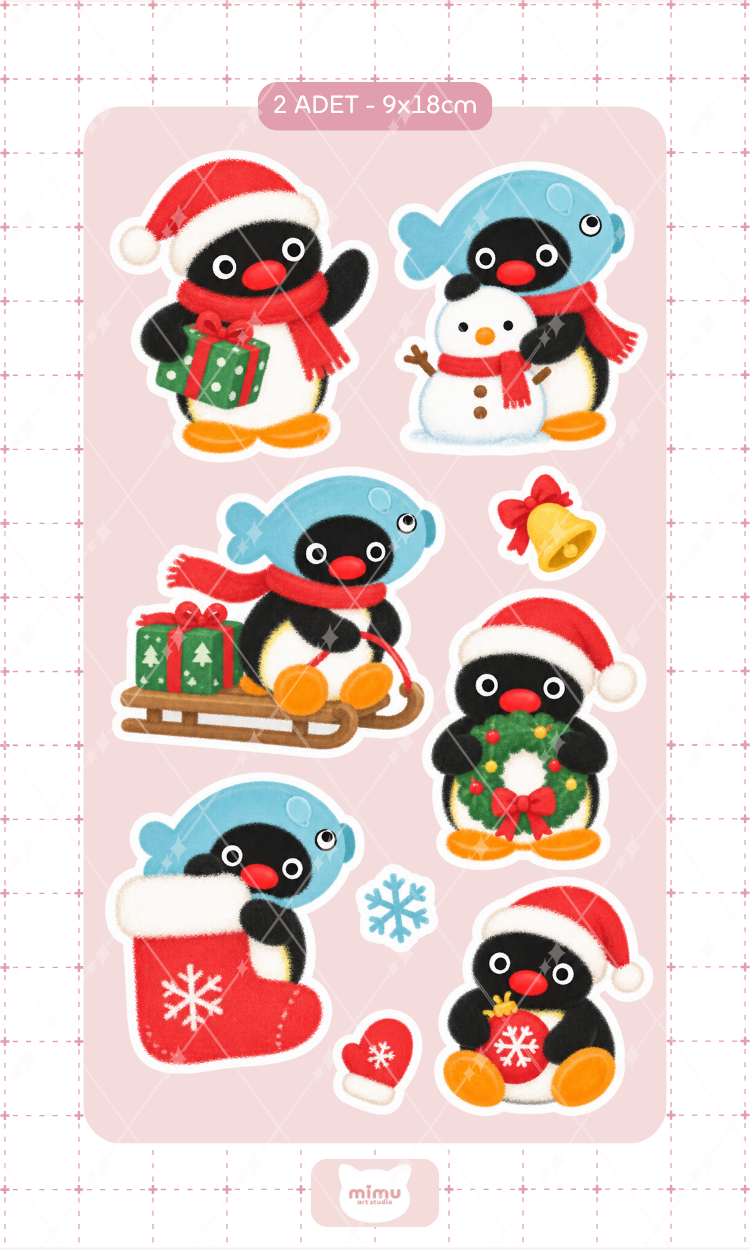 Pingu Yılbaşı Kutlaması Sticker Seti Kardan Adam ve Hediye Temalı Dekoratif Etiket 2 Adet