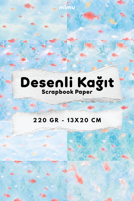 Renkli Balık Mavi Okyanus Desenli Kağıt Seti Scrapbook Kağıdı (220 gr) Ajanda Günlük Kolaj Junk Journal Bullet Journal Kağıtları