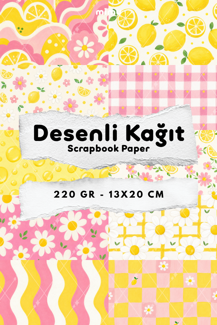 Limon Papatya Ekose Dalga Desenli Kağıt Seti Scrapbook Kağıdı (220 gr) Ajanda Günlük Kolaj Junk Journal Bullet Journal Kağıtları