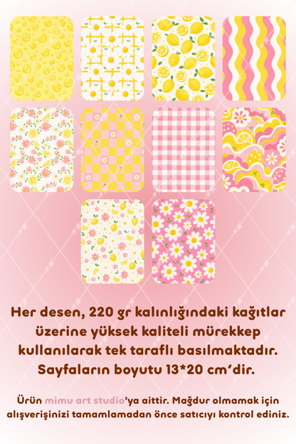 Limon Papatya Ekose Dalga Desenli Kağıt Seti Scrapbook Kağıdı (220 gr) Ajanda Günlük Kolaj Junk Journal Bullet Journal Kağıtları