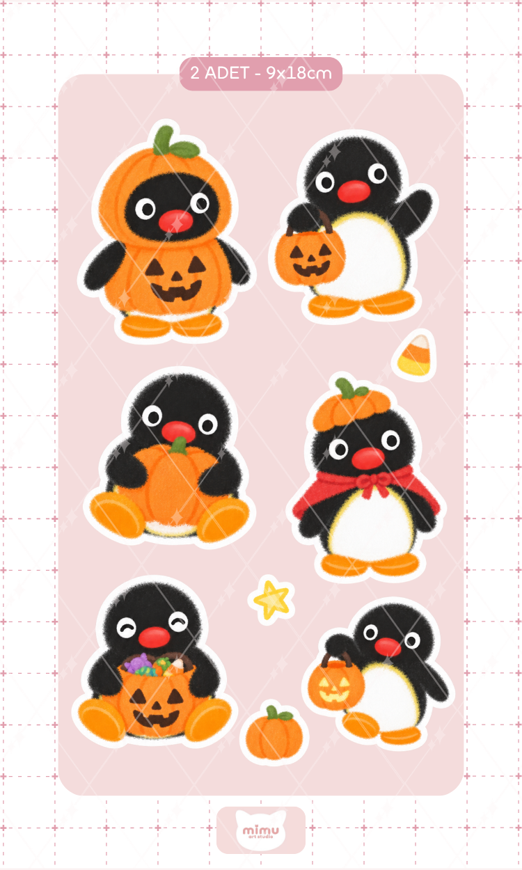 Pingu Balkabağı Cadılar Bayramı Sticker Seti Halloween Temalı Penguen Dekoratif Etiket 2 Adet