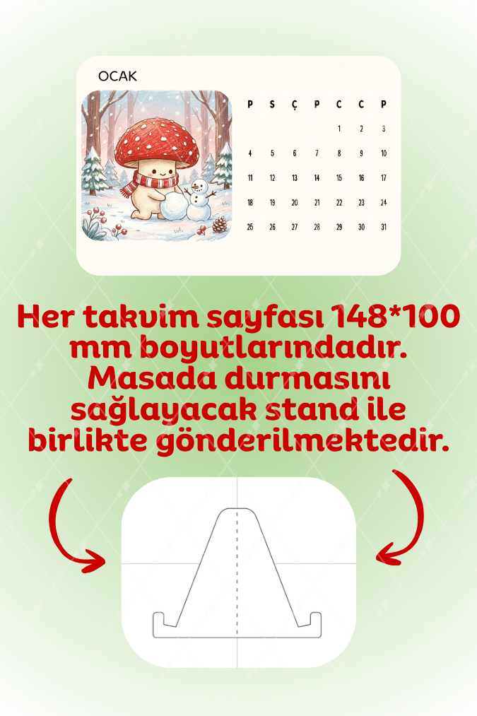 Sevimli Kırmızı Şapkalı Mantar Karakterli 2027 Masa Takvimi 12 Aylık Orman Temalı Takvim