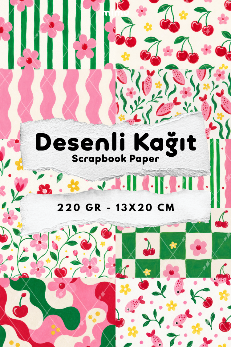 Kiraz Koi Balığı Çiçek Ekose Desenli Kağıt Seti Scrapbook Kağıdı (220 gr) Ajanda Günlük Kolaj Junk Journal Bullet Journal Kağıtları