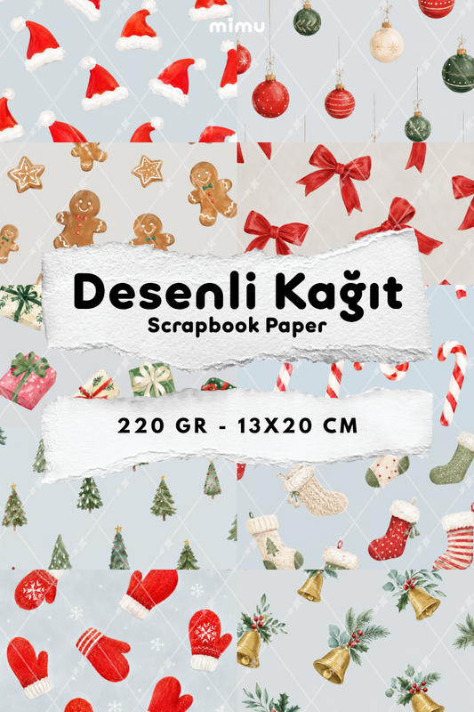 Noel Baba Şapkası Yılbaşı Süsü Zencefilli Kurabiye Fiyonk Çorap Desenli Kağıt Seti Scrapbook Kağıdı (220 gr) Ajanda Günlük Kolaj Junk Journal Bullet Journal Kağıtları