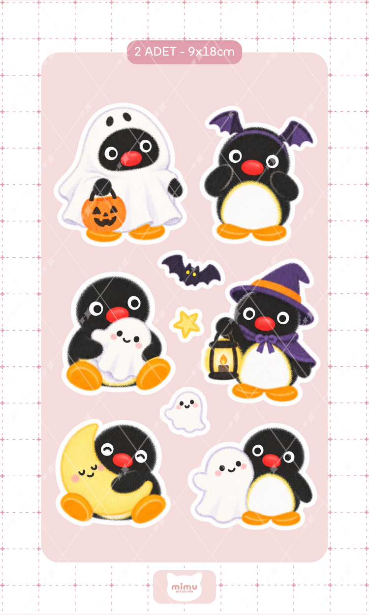 Pingu Hayaletli Cadılar Bayramı Sticker Seti Halloween Temalı Penguen Dekoratif Etiket 2 Adet