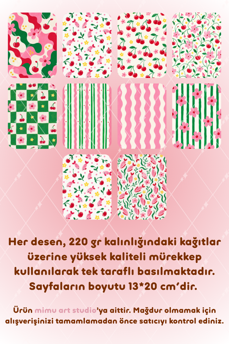 Kiraz Koi Balığı Çiçek Ekose Desenli Kağıt Seti Scrapbook Kağıdı (220 gr) Ajanda Günlük Kolaj Junk Journal Bullet Journal Kağıtları