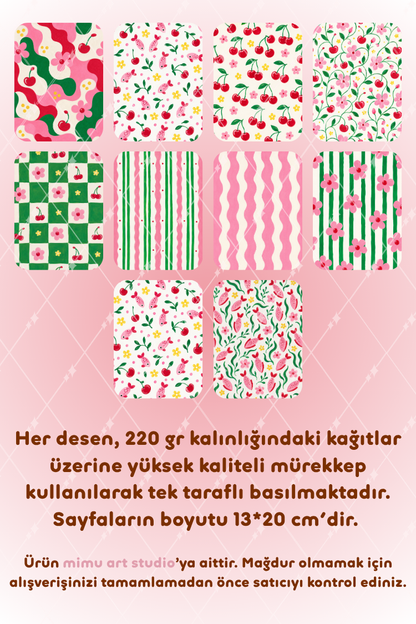 Kiraz Koi Balığı Çiçek Ekose Desenli Kağıt Seti Scrapbook Kağıdı (220 gr) Ajanda Günlük Kolaj Junk Journal Bullet Journal Kağıtları