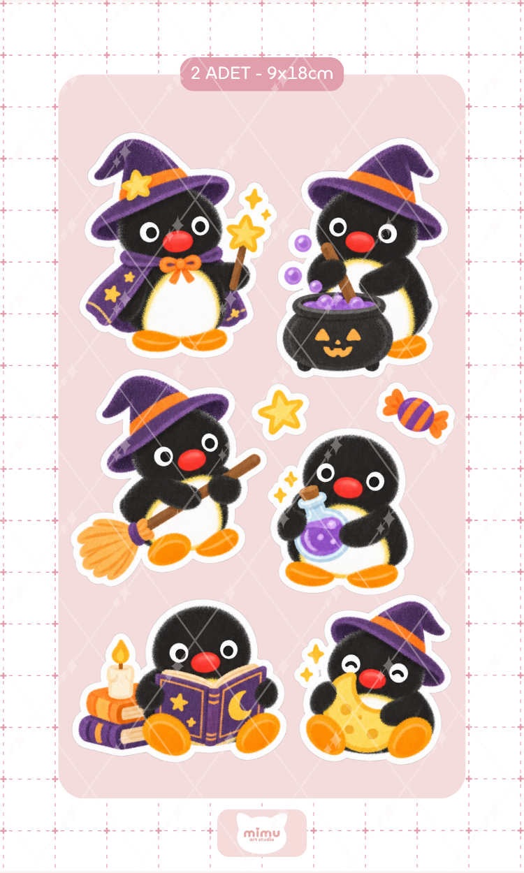 Pingu Cadı Kostümü Sticker Seti Cadılar Bayramı Temalı Penguen Dekoratif Etiket 2 Adet