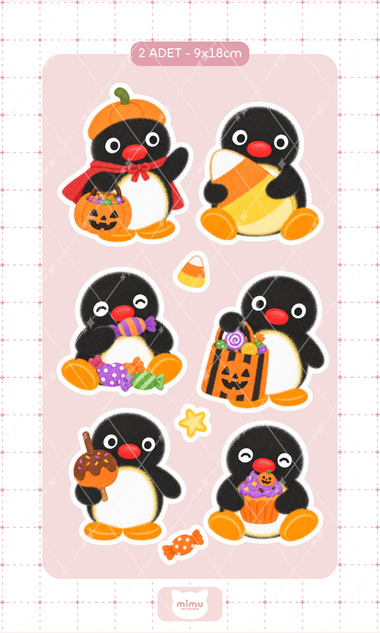 Pingu Cadılar Bayramı Eğlencesi Sticker Seti Balkabağı ve Kostüm Temalı Dekoratif Etiket 2 Adet