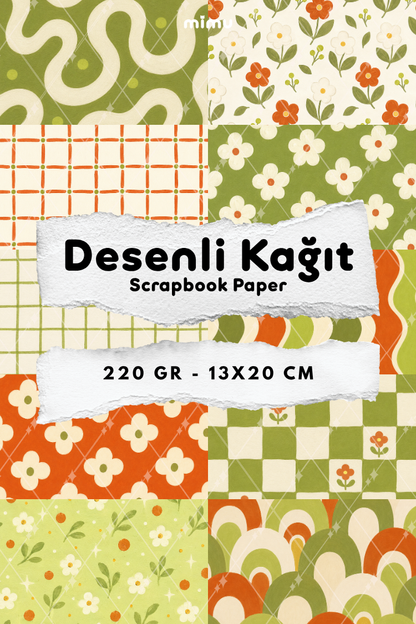 Turuncu Çiçek Yeşil Ekose Dalga Desenli Kağıt Seti Scrapbook Kağıdı (220 gr) Ajanda Günlük Kolaj Junk Journal Bullet Journal Kağıtları
