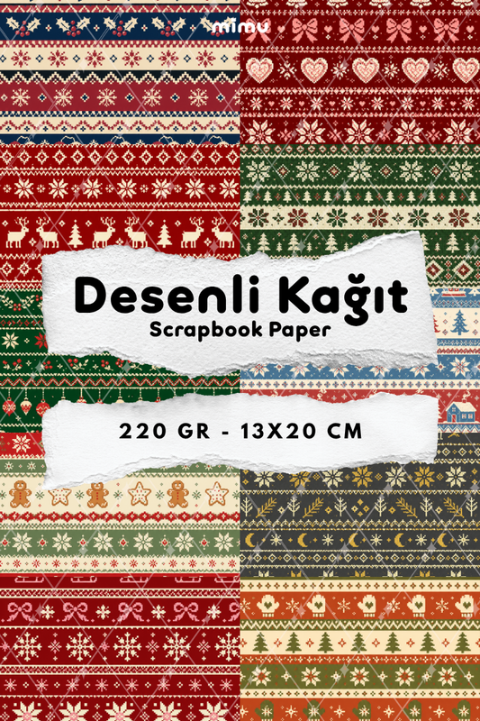 Örgü Kazak Geyik Kar Tanesi Kalp Noel Yılbaşı Desenli Kağıt Seti Scrapbook Kağıdı (220 gr) Ajanda Günlük Kolaj Junk Journal Bullet Journal Kağıtları