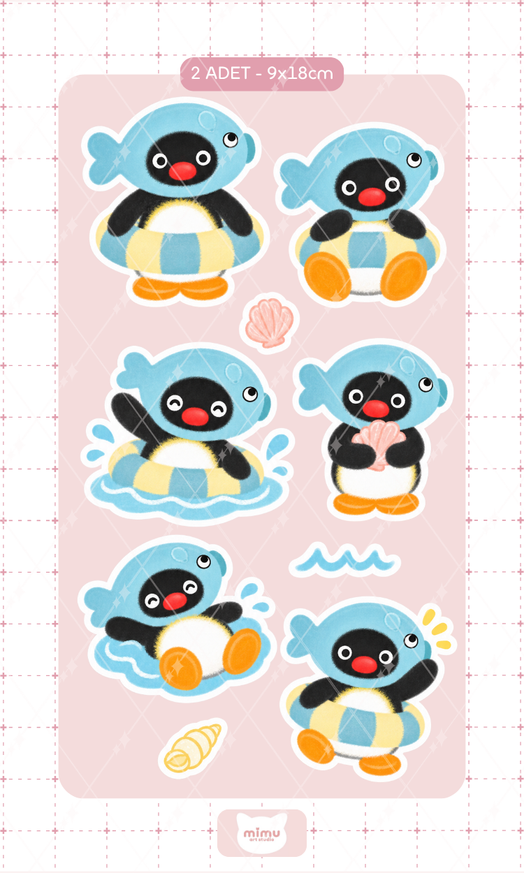 Pingu Kış Macerası Sticker Seti Mavi Kapüşonlu Penguen Dekoratif Etiket 2 Adet
