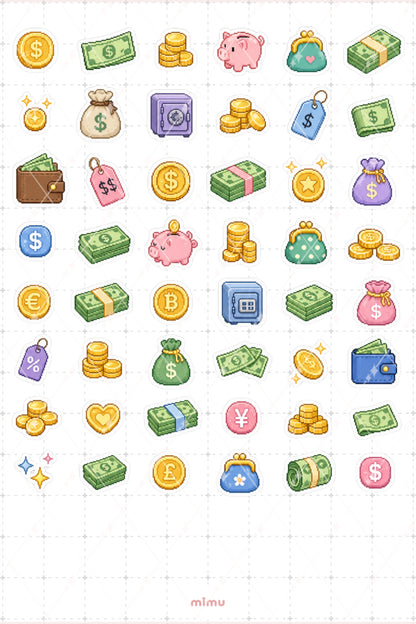 Pixel Art Para Sticker Seti Money Temalı Dekoratif 2'li Etiket