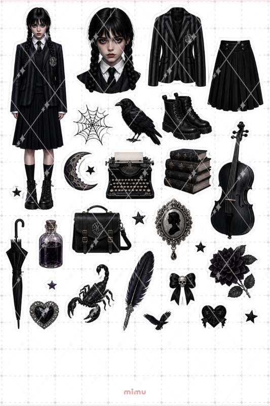 Wednesday Sticker Seti Gotik Okul Karanlık Akademi Temalı Dekoratif 2'li Etiket