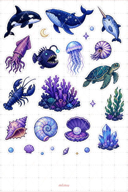 Pixel Art Deniz Sticker Seti Sea Dalga ve Sahil Temalı Dekoratif 2'li Etiket