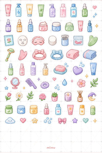 Pixel Art Cilt Bakımı Sticker Seti Skincare Güzellik Temalı Dekoratif 2'li Etiket