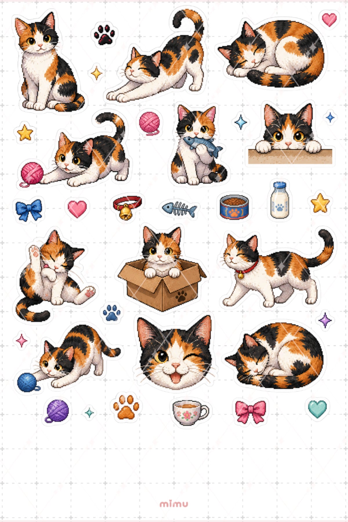 Pixel Art Calico Kedi Sticker Seti Üç Renkli Kedi Temalı Dekoratif 2'li Etiket