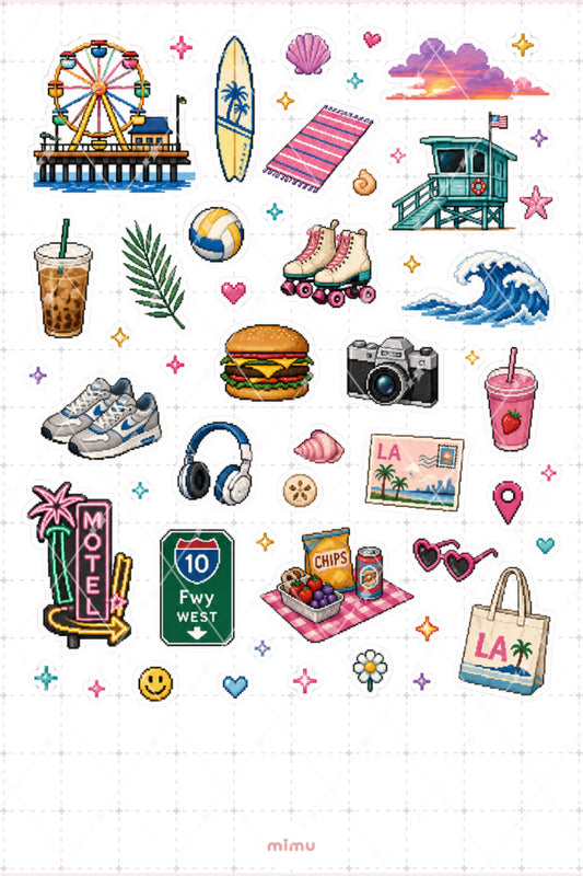 Pixel Art Los Angeles Sticker Seti Kaliforniya Şehir Temalı Dekoratif 2'li Etiket