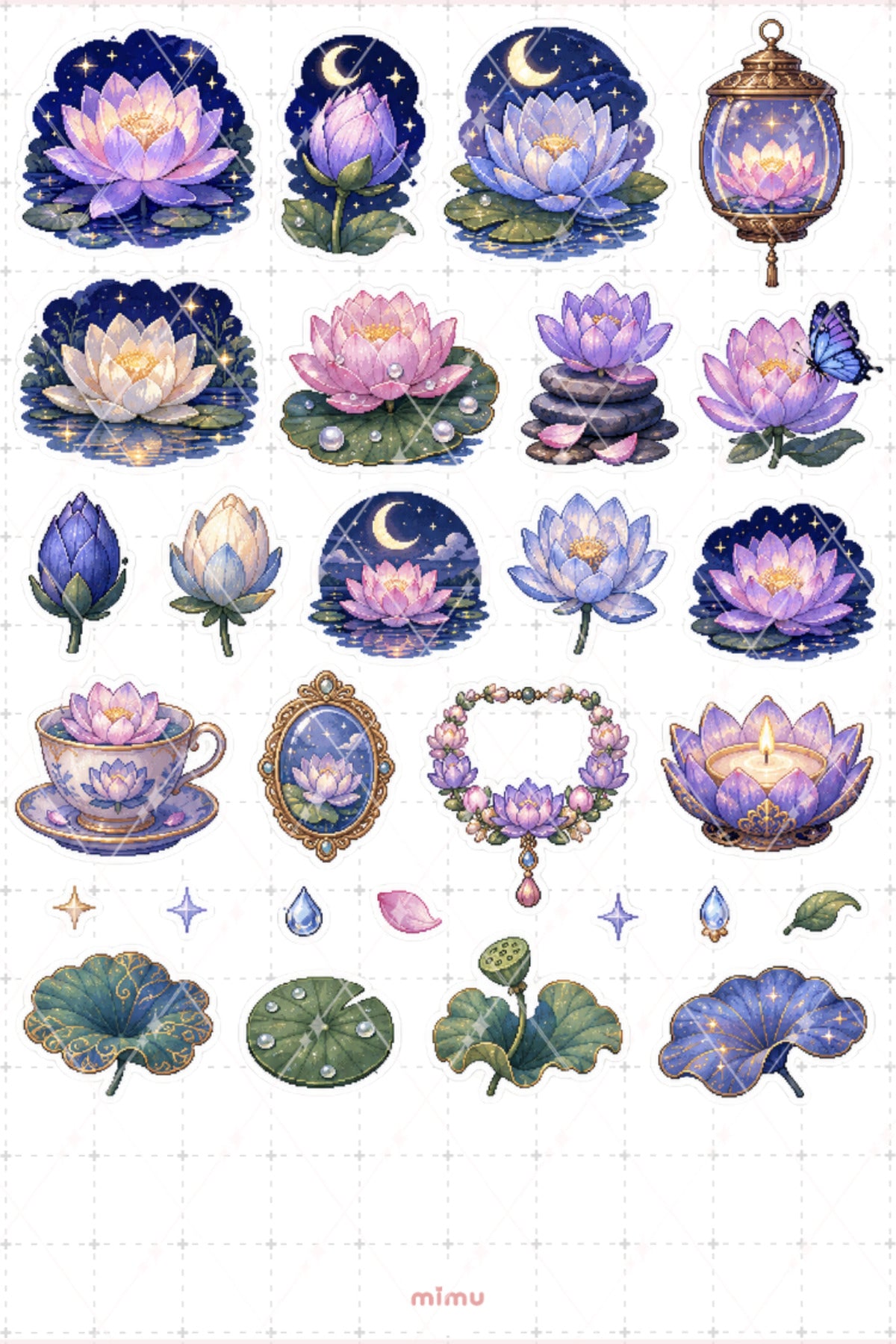 Pixel Art Lotus Sticker Seti Çiçek ve Zen Temalı Dekoratif 2'li Etiket