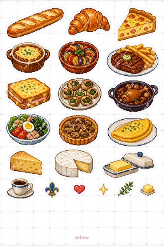 Pixel Art Fransız Mutfağı Sticker Seti Paris Yemek Temalı Dekoratif 2'li Etiket