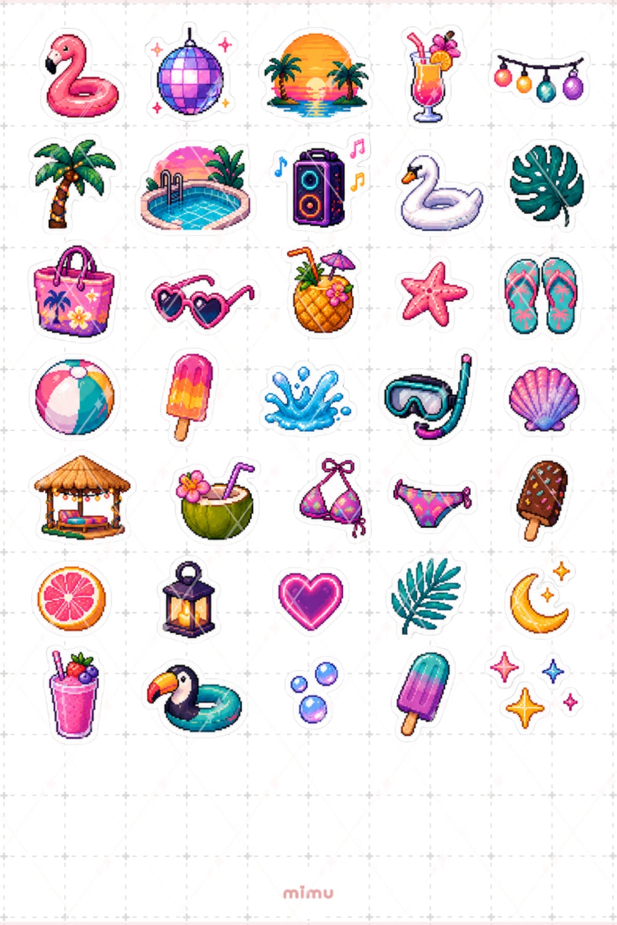 Pixel Art Havuz Partisi Sticker Seti Yaz Eğlencesi Temalı Dekoratif 2'li Etiket