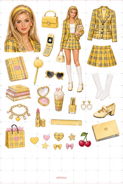 Cher Horowitz Sticker Seti Sarı Ekose Preppy Moda Temalı Dekoratif 2'li Etiket
