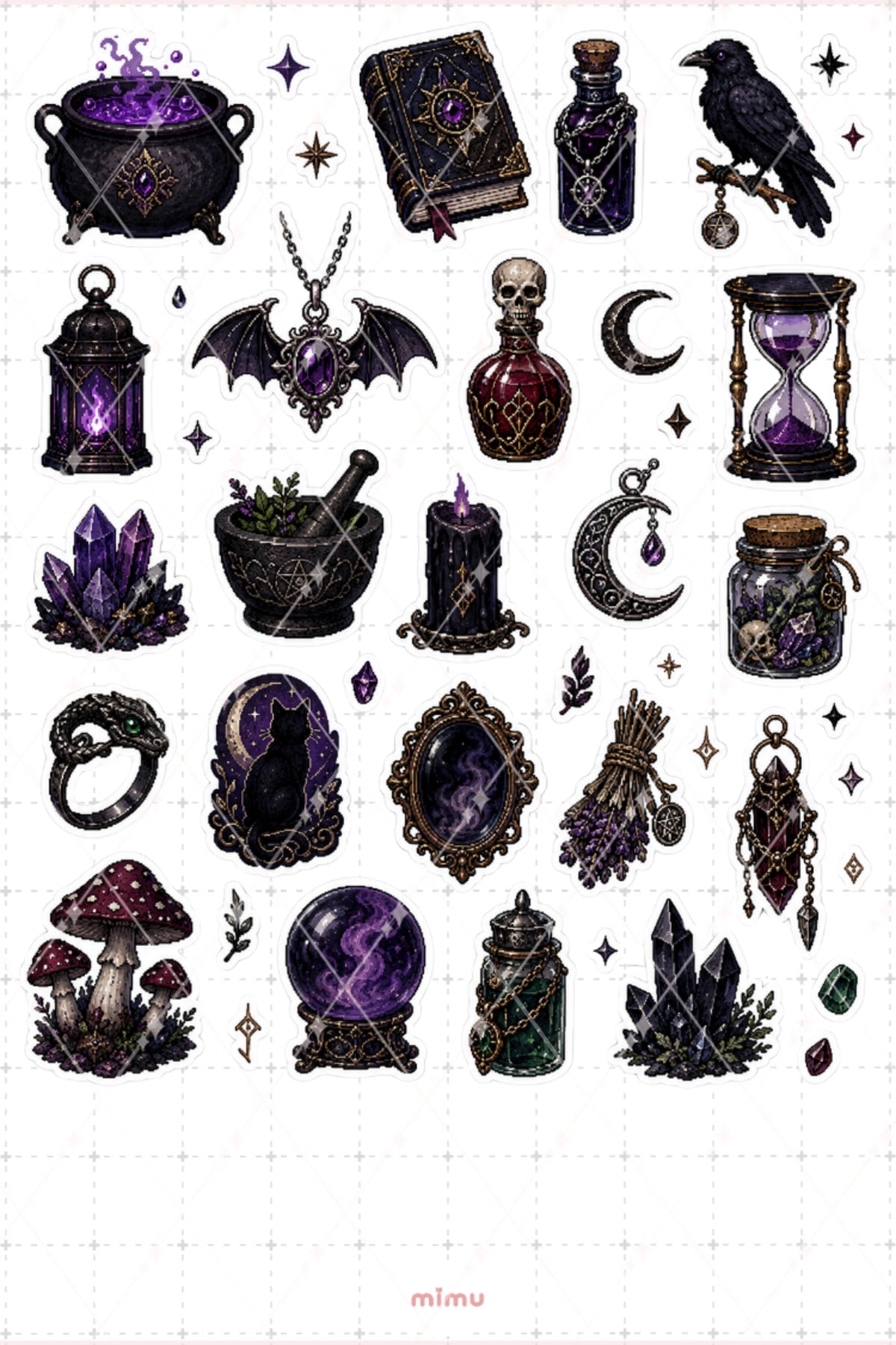 Pixel Art Cadılık Sticker Seti Witchcraft Büyü ve Mistik Temalı Dekoratif 2'li Etiket