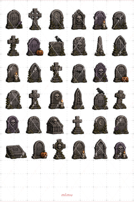 Pixel Art Halloween Sticker Seti Mezar Taşları Temalı Dekoratif 2'li Etiket