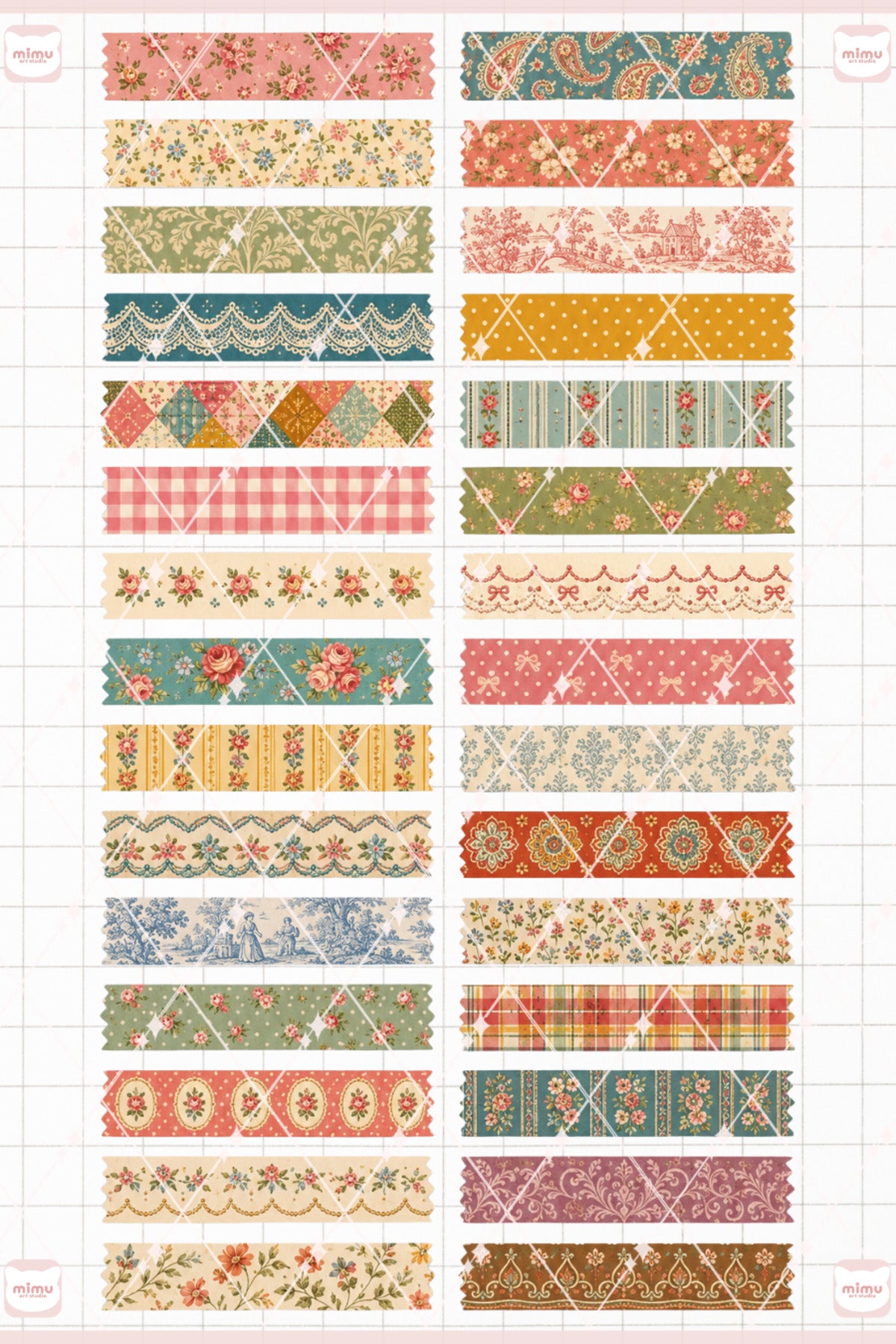 Vintage Desen Temalı Washi Tape Seti Estetik Etiket Defter Günlük Scrapbook Süslemesi