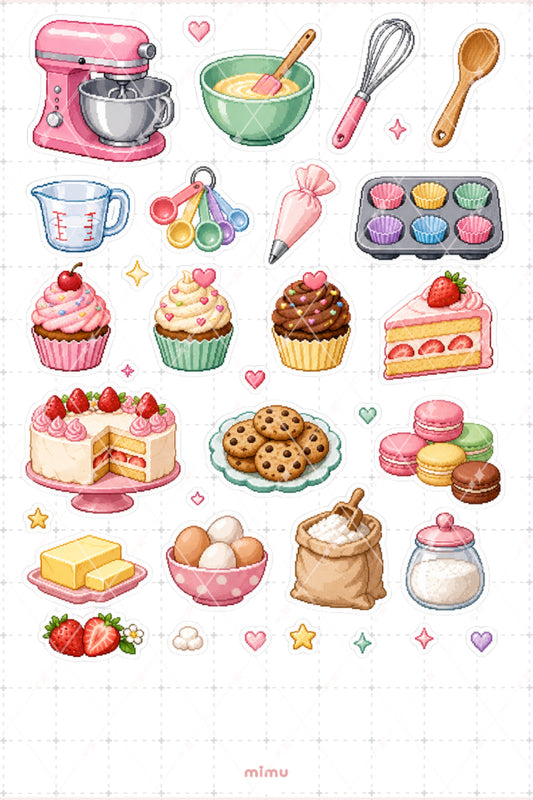 Pixel Art Fırıncılık Sticker Seti Tatlı ve Mutfak Temalı Dekoratif 2'li Etiket