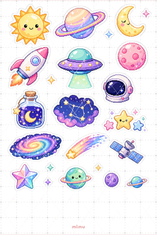 Pixel Art Uzay Sticker Seti Space Galaksi Temalı Dekoratif 2'li Etiket