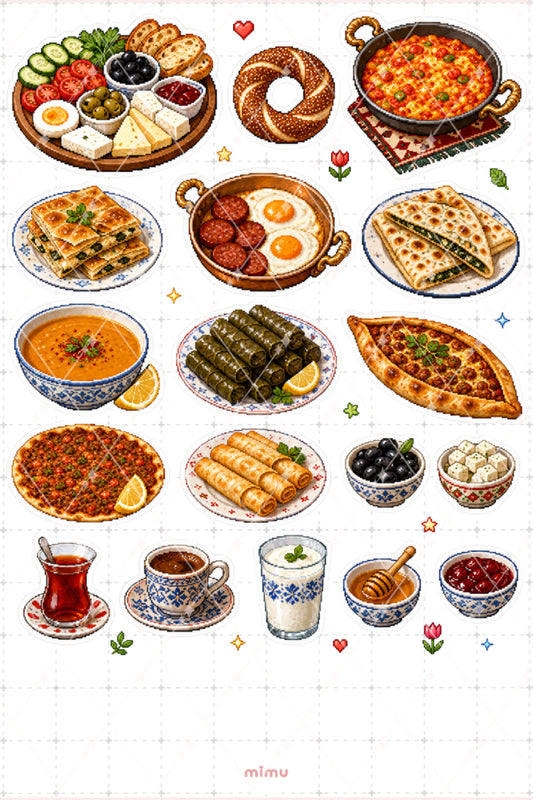 Pixel Art Türk Mutfağı Sticker Seti Geleneksel Yemek Temalı Dekoratif 2'li Etiket