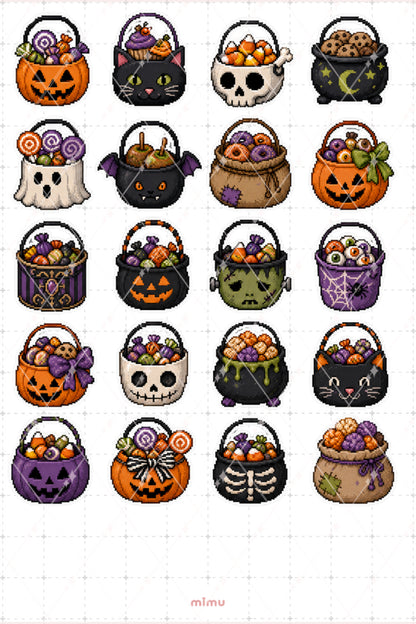 Pixel Art Halloween Sticker Seti Şeker Sepeti Temalı Dekoratif 2'li Etiket