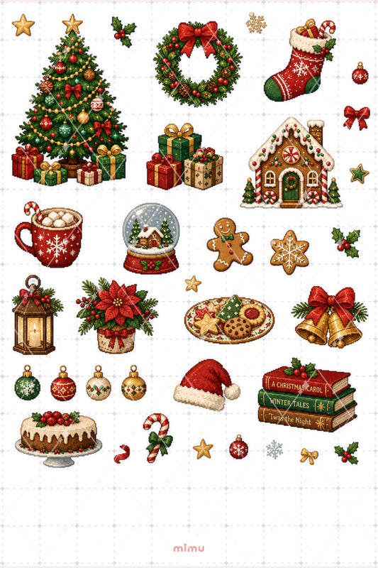 Pixel Art Yılbaşı Sticker Seti Noel Ağacı ve Kış Temalı Dekoratif 2'li Etiket