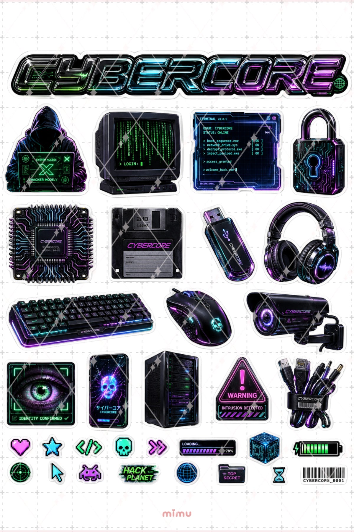 Cybercore Sticker Seti Siyah Neon Hacker Teknoloji Estetiği 2li Etiket
