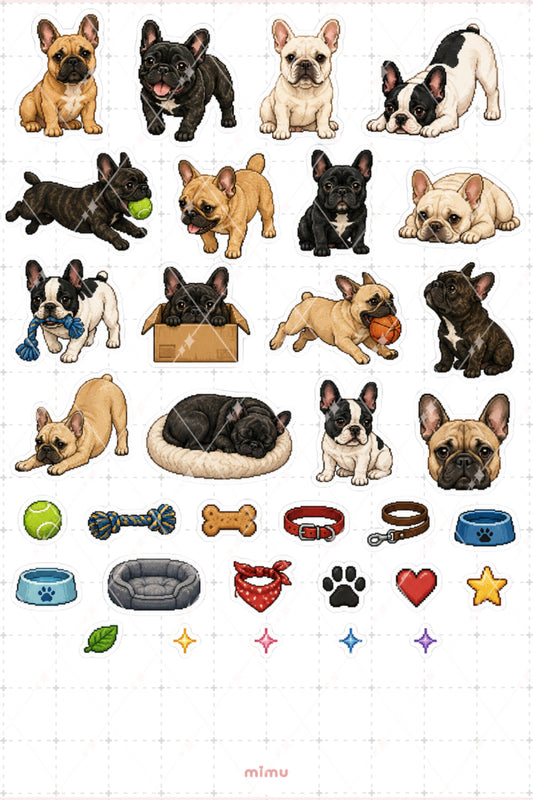 Pixel Art French Bulldog Sticker Seti Fransız Bulldog Temalı Dekoratif 2'li Etiket