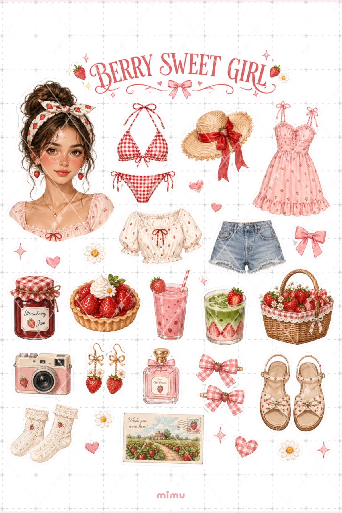 Strawberry Girl Sticker Seti Kırmızı Çilek Kız Temalı 2li Dekoratif Etiket