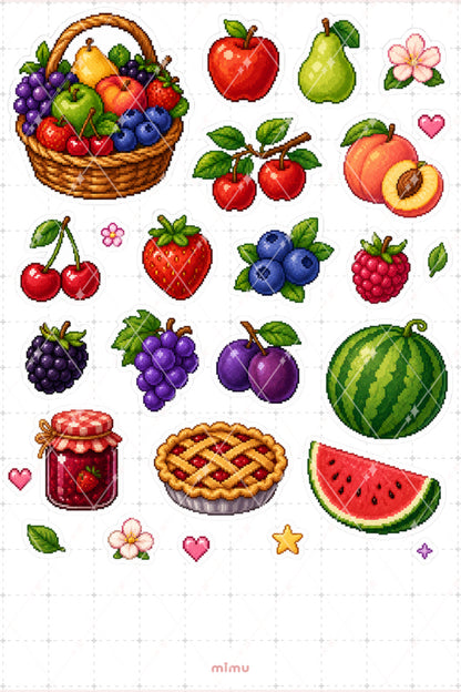 Pixel Art Meyve Sticker Seti Renkli Taze Meyveler Temalı Dekoratif 2'li Etiket
