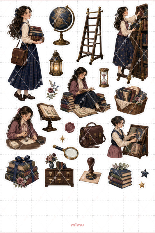 Kütüphaneci Kız Sticker Seti Kitap Vintage Kütüphane Temalı Dekoratif 2'li Etiket