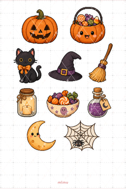 Pixel Art Halloween Sticker Seti Balkabağı Kara Kedi ve Cadı Şapkası Temalı Dekoratif 2'li Etiket