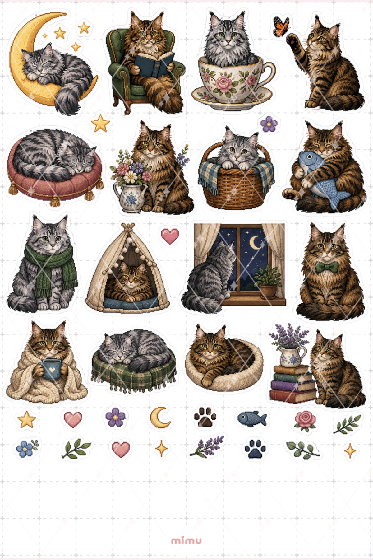 Pixel Art Maine Coon Kedi Sticker Seti Irk Kedi Temalı Dekoratif 2'li Etiket