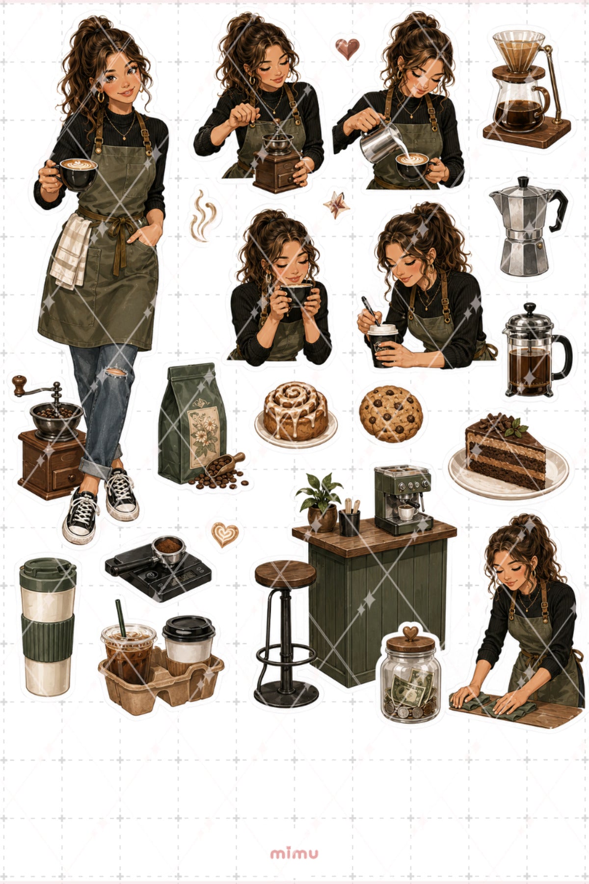 Barista Kız Sticker Seti Kahve Kafe Espresso Temalı Dekoratif 2'li Etiket