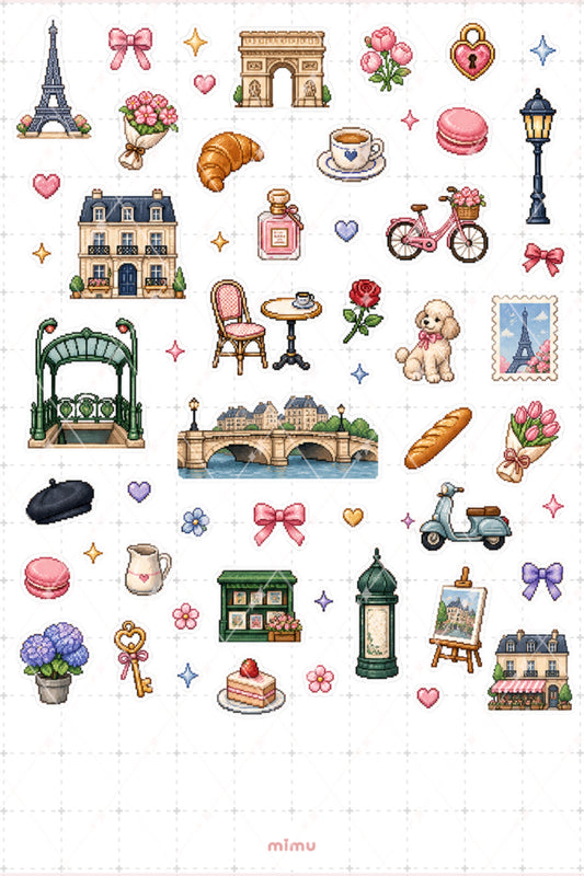 Pixel Art Paris Sticker Seti Fransa Şehir Temalı Dekoratif 2'li Etiket