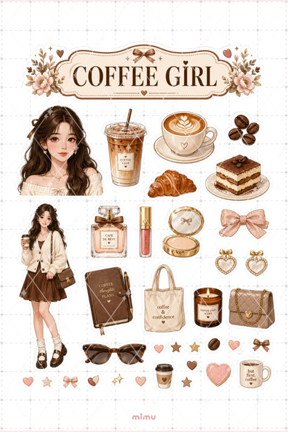 Coffee Girl Sticker Seti Kahve Kız Latte Temalı 2li Dekoratif Etiket