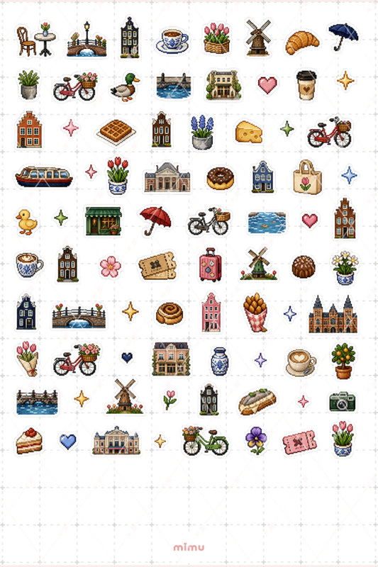 Pixel Art Amsterdam Sticker Seti Hollanda Şehir Temalı Dekoratif 2'li Etiket