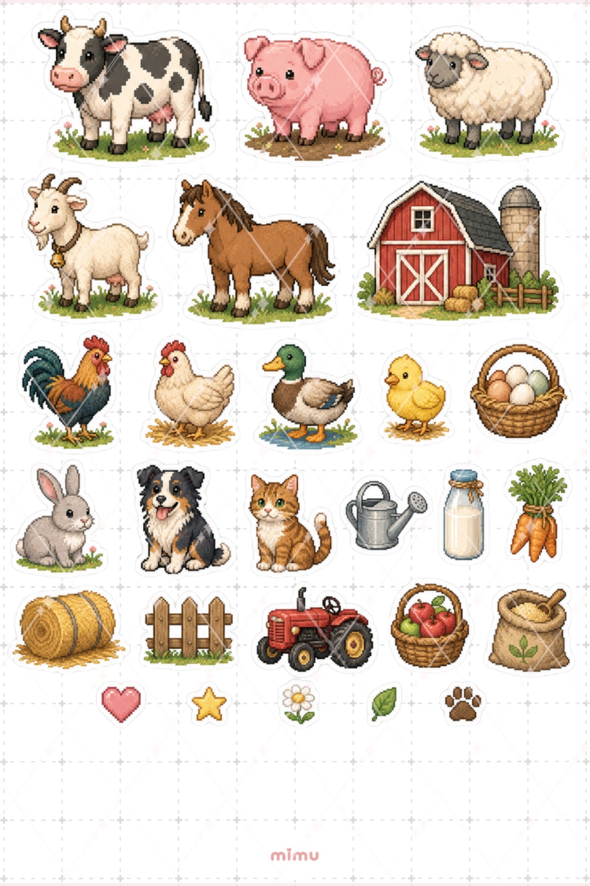 Pixel Art Çiftlik Hayvanları Sticker Seti Köy Yaşamı Temalı Dekoratif 2'li Etiket