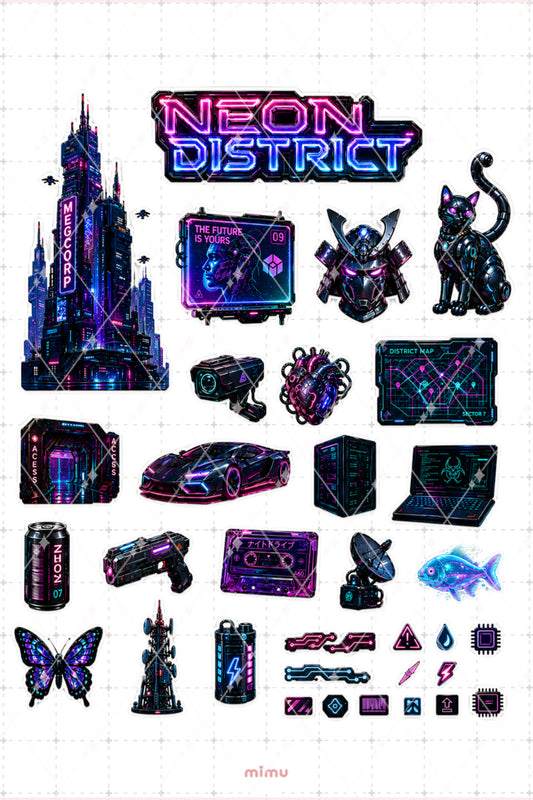 Cyberpunk Sticker Seti Neon Şehir Teknoloji Bilim Kurgu Temalı 2li Etiket