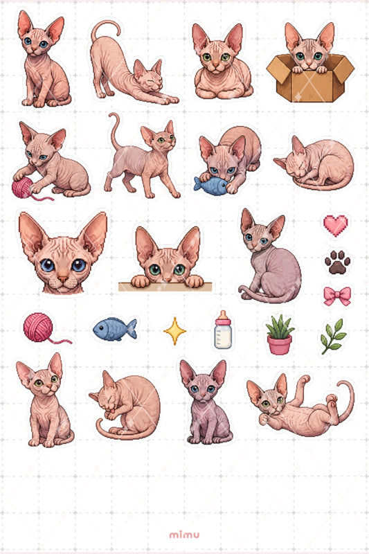 Pixel Art Sphynx Kedi Sticker Seti Tüysüz Irk Kedi Temalı Dekoratif 2'li Etiket