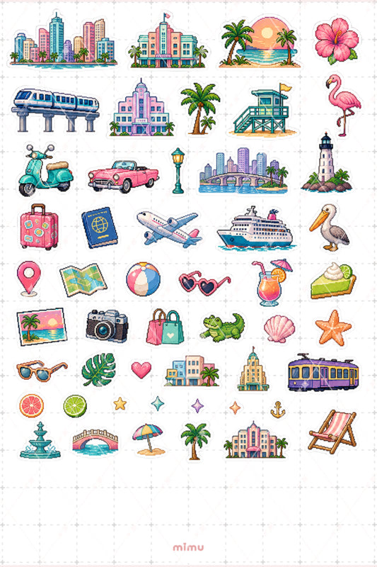 Pixel Art Florida Sticker Seti Tropikal Eyalet Temalı Dekoratif 2'li Etiket